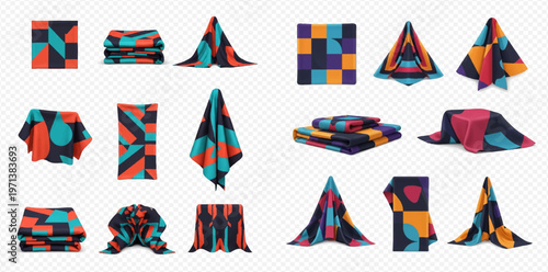 Set of colorful towels with abstract geometric patterns, folded and draped in various positions, isolated on transparent background.
