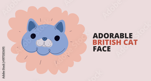 Cartoon vector illustration of British Shorthair cat face, symbolizing calmness, charm, and feline elegance