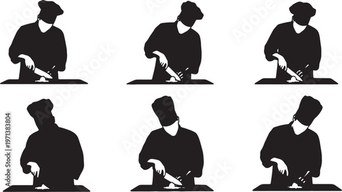 Black Solid Executive Chef Forged Knife Role Silhouettes Set of Six on White Background