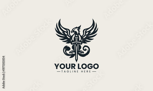 Black griffin with wings and sword is presented as strong mythological monochrome vector logo on clean white background for fantasy and gaming branding use