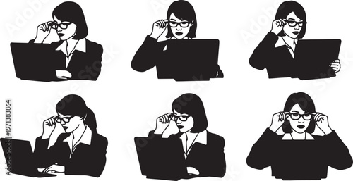 Black Solid Female CEOs Adjusting Glasses Silhouettes Set of Six on White Background
