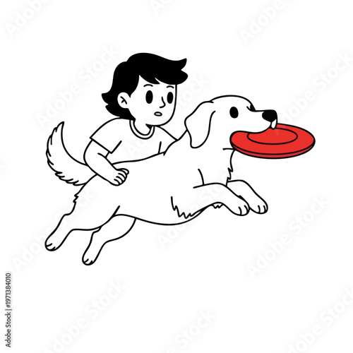 Boy playing with an athletic dog catching a red frisbee illustration