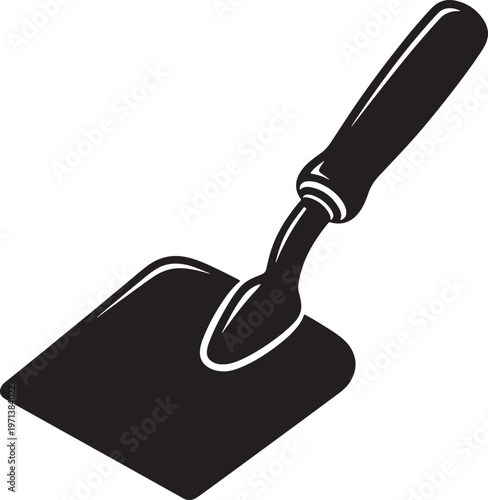 Black and white silhouette of a hand trowel with a flat square blade also transparent background flat blade
