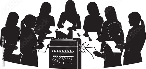 Black Solid Female Directors Paper Shredder Silhouettes Set of Six on White Background