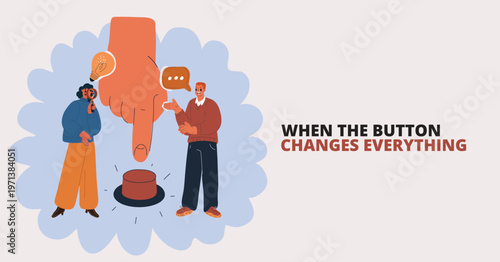 Cartoon vector illustration of people near a giant hand pressing a button, symbolizing action, decision-making, and trigger effect