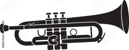Black and white silhouette of a trumpet with detailed also transparent background musical instrument