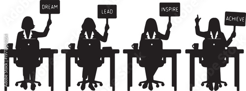 Black Solid Female Directors Motivational Sign Silhouettes Set of Six on White Background