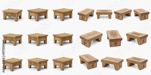 Set of wooden footstools and benches in various angles, isolated on a transparent background, perfect for rustic interior design elements.