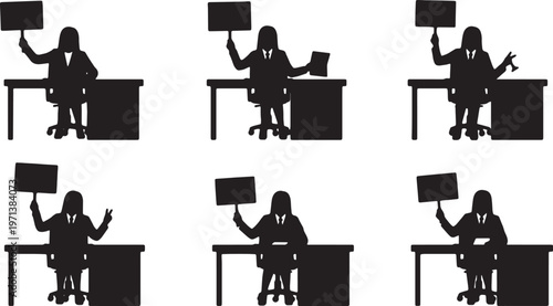 Black Solid Female Directors Motivational Sign Silhouettes Set of Six on White Background