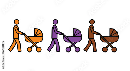 Diverse parents pushing colorful baby strollers in a line, representing family and childcare