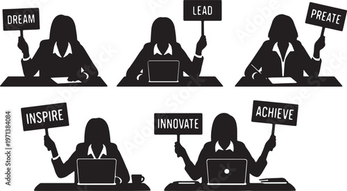 Black Solid Female Directors Motivational Sign Silhouettes Set of Six on White Background