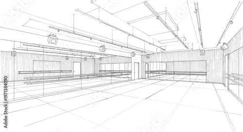 Architectural blueprint of a modern, spacious interior with large windows and exposed ceiling structures.