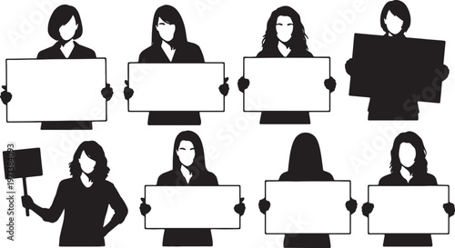 Black Solid Female Directors Protest Sign Silhouettes Set of Six on White Background