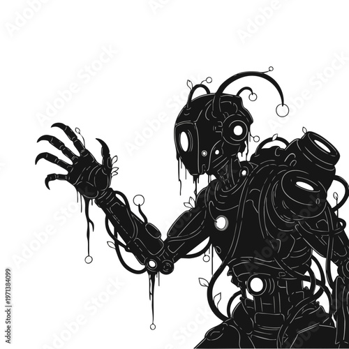 Biomechanical Cyborg Robot Overgrown with Organic Vines Vector Art
