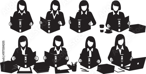 Black Solid Female Directors Opening Binder Silhouettes Set of Six on White Background