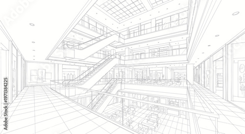 Architectural blueprint sketch of modern building interior design.