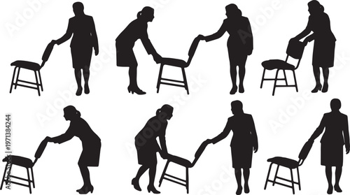 Black Solid Female Directors Pulling Chair Silhouettes Set of Six on White Background