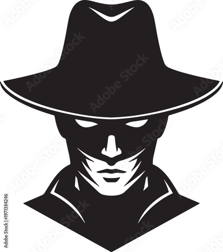 Silhouette of a cowboy wearing a black hat and scarf covering his face also transparent background black scarf
