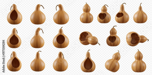 Set of natural wooden gourds with holes for birdhouses or decorative purposes, isolated on transparent background.