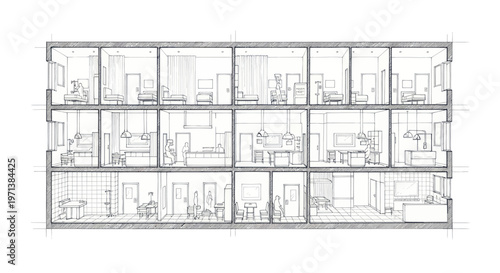 Architectural Drawing of a Multi-Story Building Interior Layout.