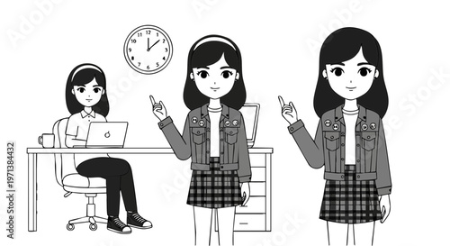 Young Woman in Denim Jacket Working and Pointing Vector Illustration