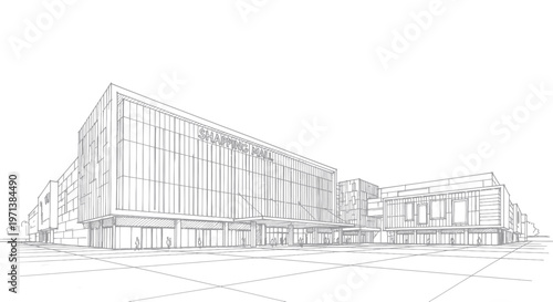 Architectural line drawing of a modern commercial building design.