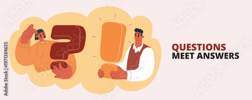 Cartoon vector illustration of people holding question marks and exclamation marks, symbolizing curiosity, surprise, and discovery