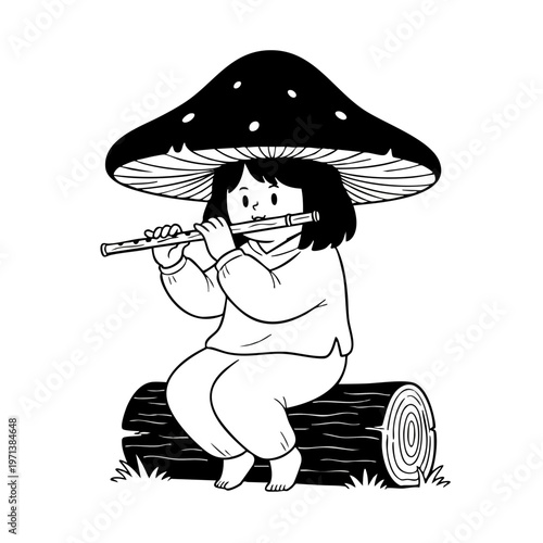 Whimsical Mushroom Hat Girl Playing Flute Vector Line Art Illustration
