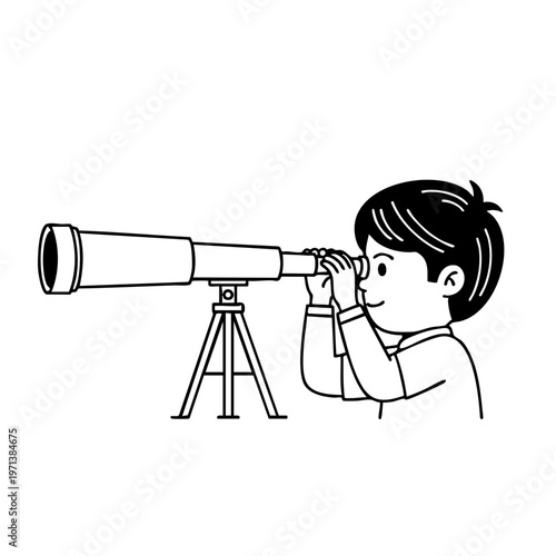 Little boy looking through a telescope at the night sky line art