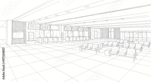 Architectural sketch of a modern airport waiting lounge with seating.