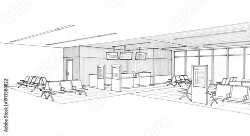 Architectural sketch of a modern airport waiting area with seating and check-in counters.