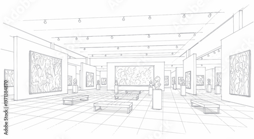 Architectural sketch of a modern art gallery interior with exhibits.