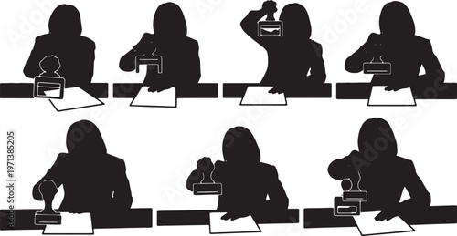 Black Solid Female Directors Stamping Document Silhouettes Set of Six on White Background