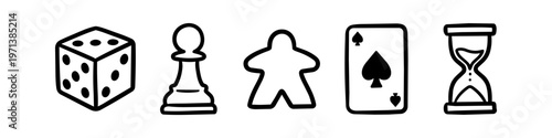 Hand-drawn board game icons including a die, chess pawn, meeple, playing card, and hourglass. Simple black line art set on a white background for tabletop gaming and hobby concepts.