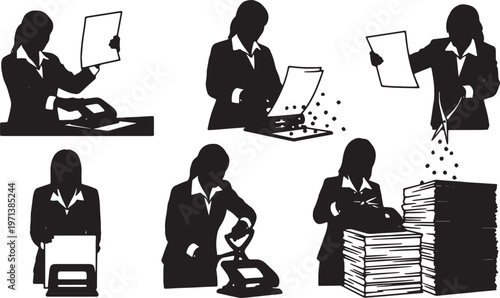 Black Solid Female Directors Hole Puncher Silhouettes Set of Six on White Background