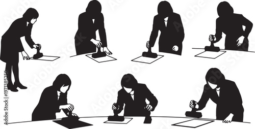 Black Solid Female Directors Stamping Document Silhouettes Set of Six on White Background