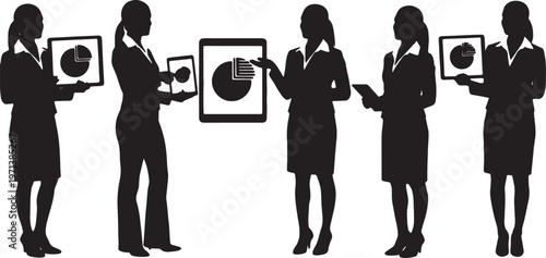 Black Solid Female Executives Pie Chart Silhouettes Set of Six on White Background