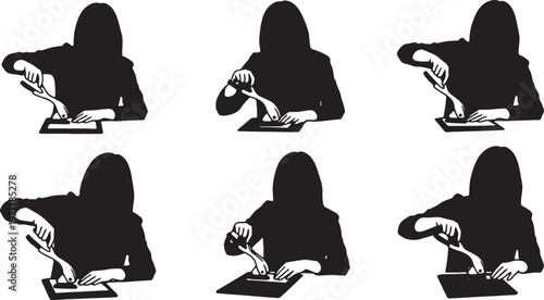 Black Solid Female Directors Hole Puncher Silhouettes Set of Six on White Background