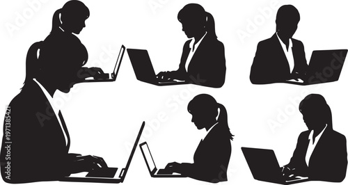 Black Solid Female Managers Typing Laptop Silhouettes Set of Six on White Background