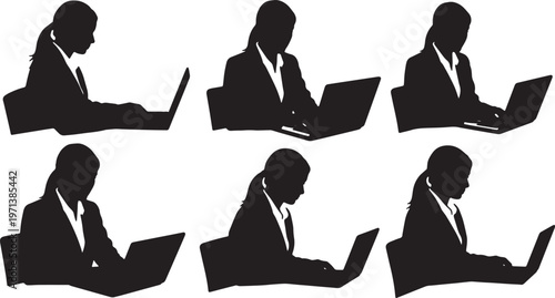 Black Solid Female Managers Typing Laptop Silhouettes Set of Six on White Background
