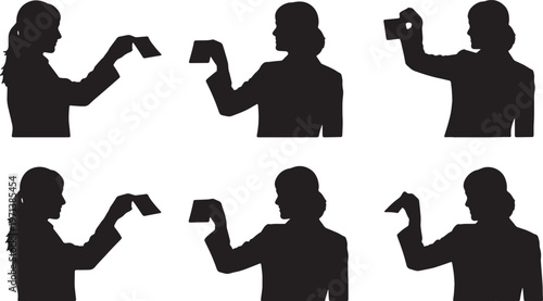Black Solid Female Executives Tearing Sticky Note Silhouettes Set of Six on White Background
