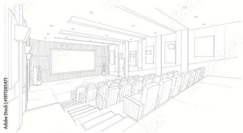 Architectural sketch of a modern cinema interior with rows of seats and a large screen.