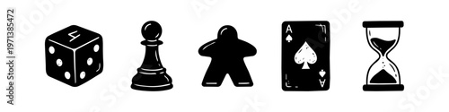 Set of hand-drawn board game icons featuring a die, chess pawn, meeple, ace of spades playing card, and an hourglass. Minimalist black and white doodle style for hobbies and gaming.
