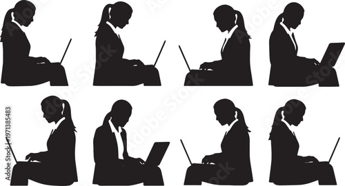 Black Solid Female Managers Typing Laptop Silhouettes Set of Six on White Background