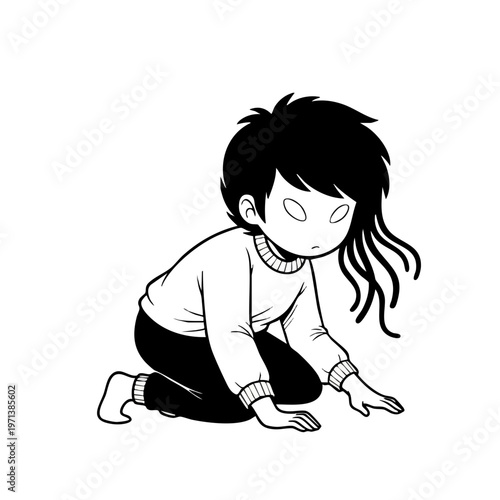 Creepy shadow character crawling in black and white line art