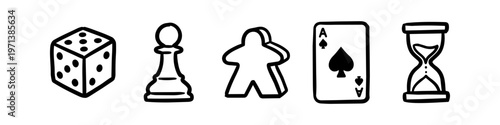 A collection of five hand-drawn board game icons: a die, chess pawn, meeple, ace of spades, and hourglass. Minimalist black line art doodles for tabletop gaming projects.