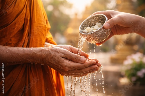 Scented water poured into Buddhist monk hands from silver cup