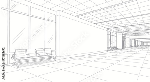 Architectural sketch of a modern, empty interior hallway with large windows and a bench.