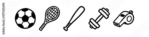 Set of black and white hand-drawn sports equipment icons featuring a soccer ball, tennis racket, baseball bat, dumbbell, and whistle. Ideal for fitness, gym, and athletic design projects.