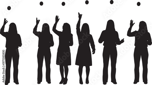 Black Solid Female Team Leaders Tossing Coin Silhouettes Set of Six on White Background